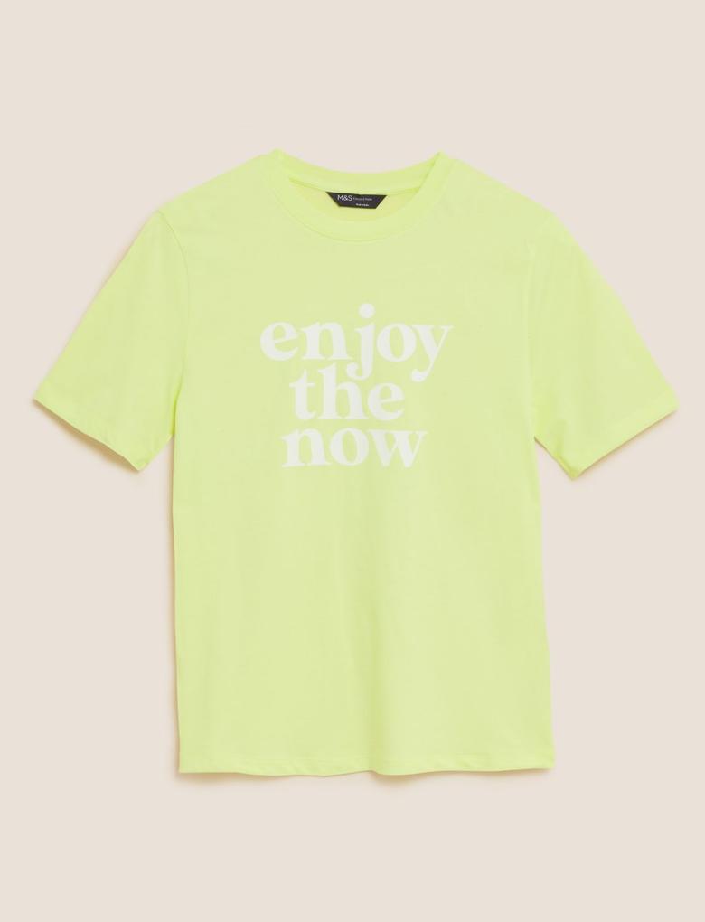 Kadın Sarı Saf Pamuklu Slogan Detaylı T-Shirt