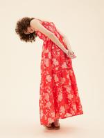 Kadın Kırmızı Saf Pamuklu Çiçek Desenli Midi Elbise