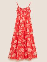 Kadın Kırmızı Saf Pamuklu Çiçek Desenli Midi Elbise