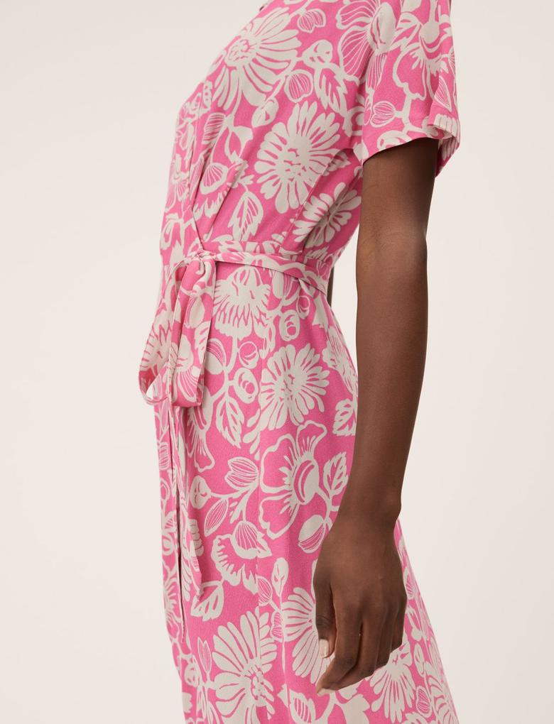 Kadın Pembe Çiçek Desenli Midi Elbise