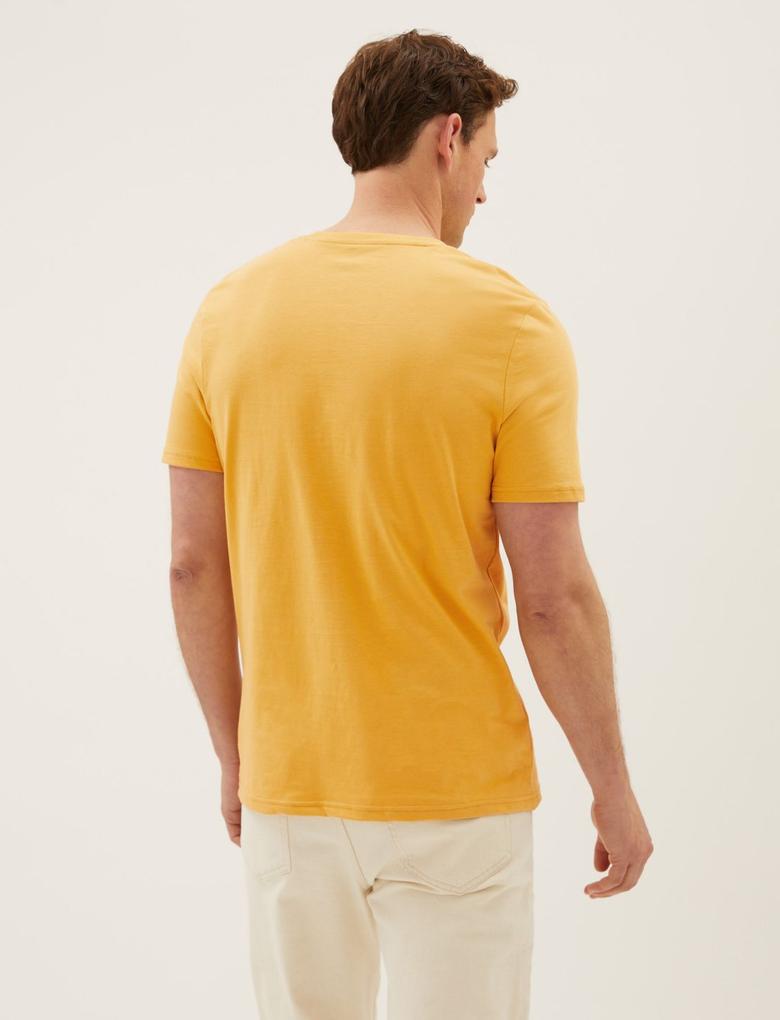 Erkek Sarı Saf Pamuklu Kısa Kollu T-Shirt