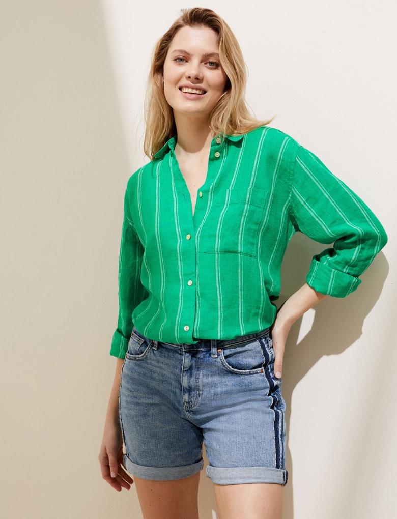 Kadın Yeşil Saf Keten Uzun Kollu Keten Gömlek