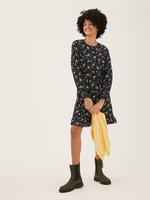 Kadın Siyah Çiçek Desenli Mini Elbise