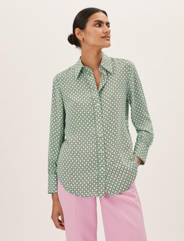 Kadın Yeşil Geometrik Desenli Uzun Kollu Gömlek