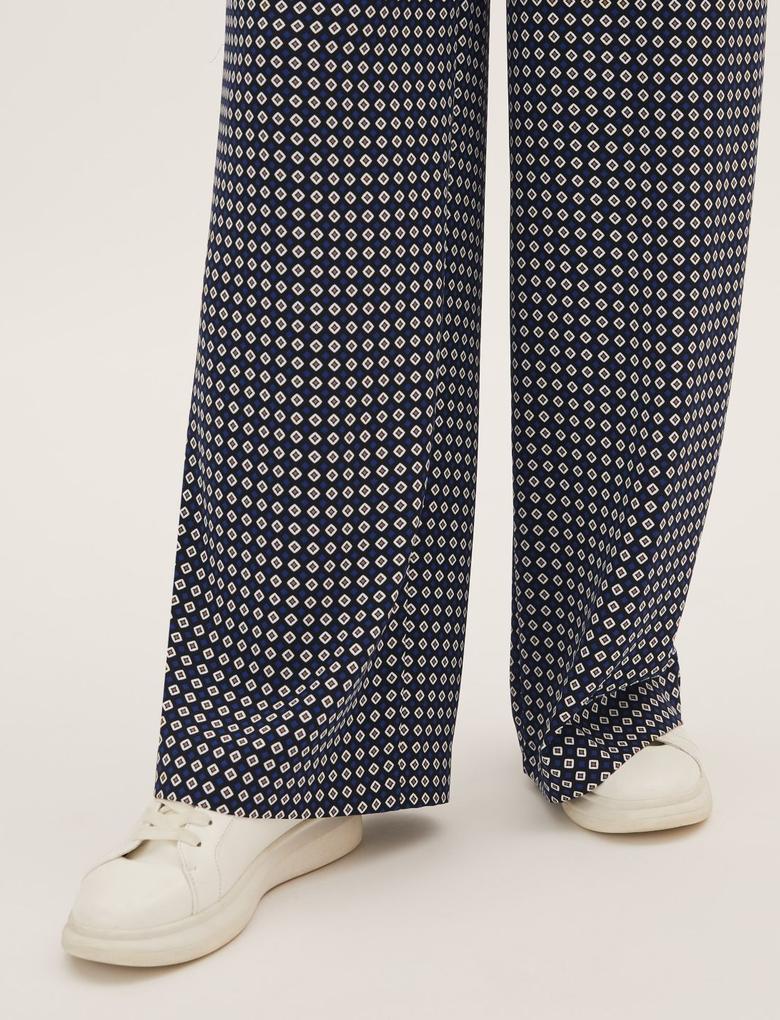 Kadın Lacivert Geometrik Desenli Wide Leg Pantolon