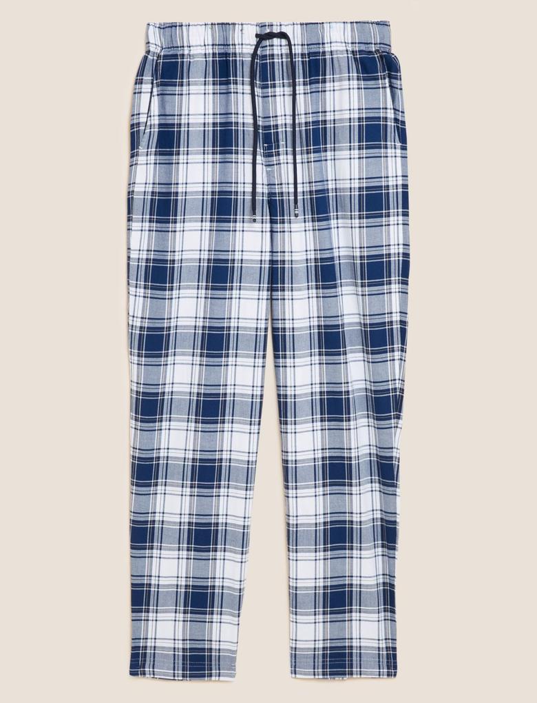 Erkek Lacivert Saf Pamuklu Ekose Desenli Pijama Altı