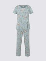 Kadın Mavi Kuş Desenli Kısa Kollu Pijama Takımı