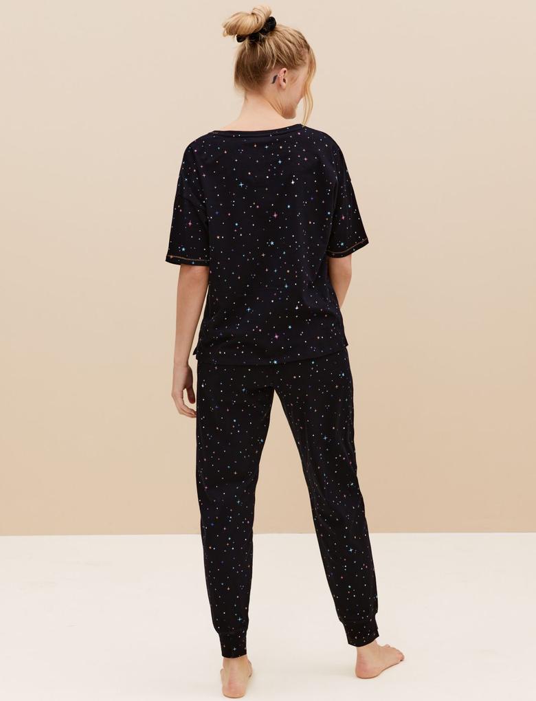 Kadın Siyah Saf Pamuklu Kısa Kollu Pijama Takımı