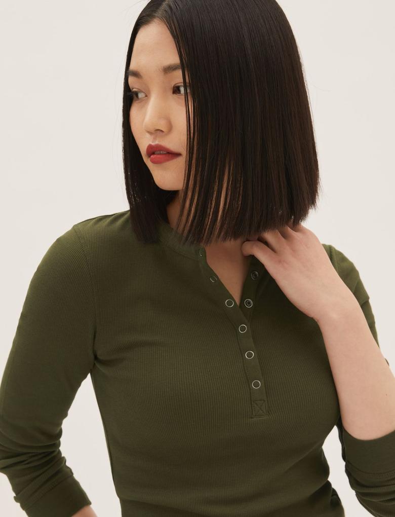 Kadın Yeşil Fitil Detaylı Uzun Kollu T-Shirt