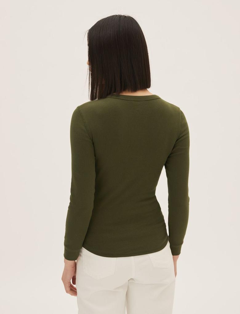 Kadın Yeşil Fitil Detaylı Uzun Kollu T-Shirt