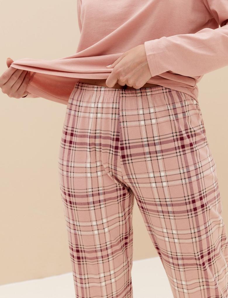 Kadın Pembe Saf Pamuklu Uzun Kollu Pijama Takımı