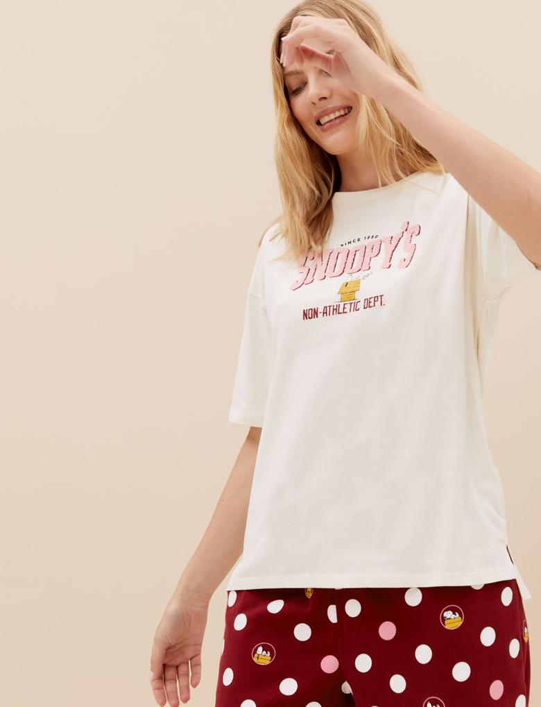 Kadın Bej Saf Pamuklu Snoopy™ Pijama Takımı