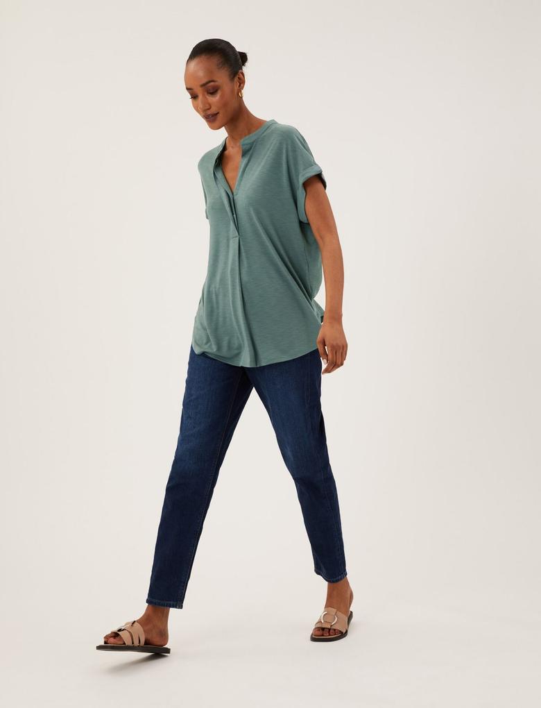 Kadın Yeşil Kısa Kollu Örme Popover Bluz