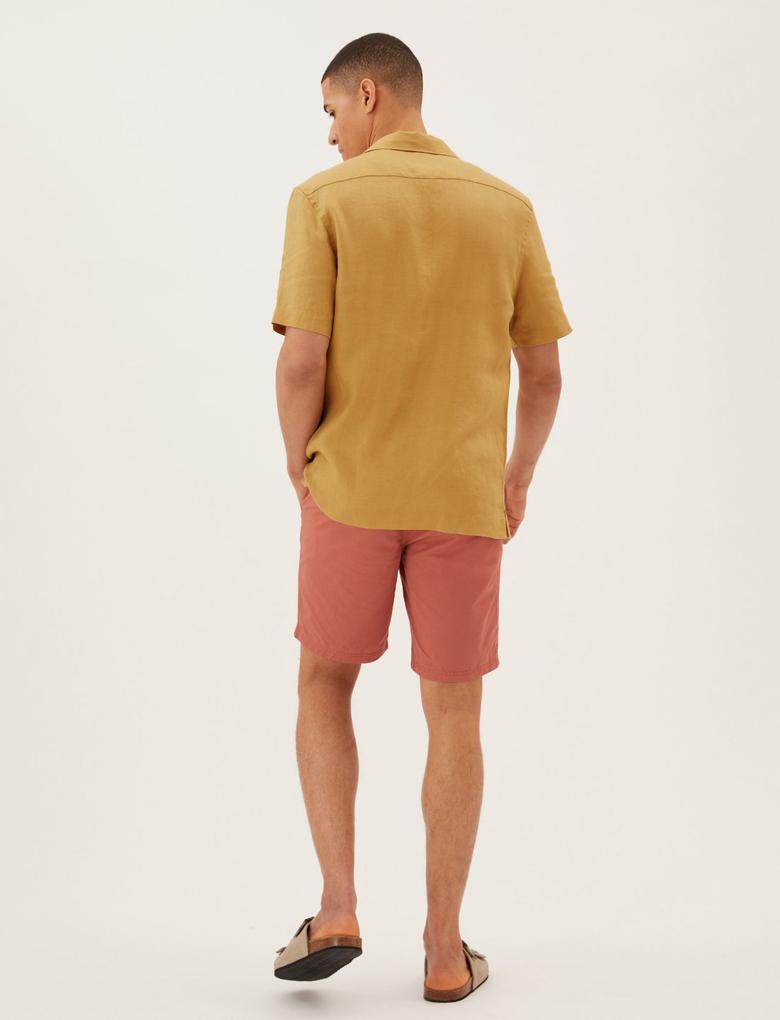 Erkek Sarı Kısa Kollu Keten Gömlek