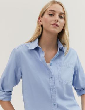 Kadın Mavi Saf Pamuklu Uzun Kollu Gömlek