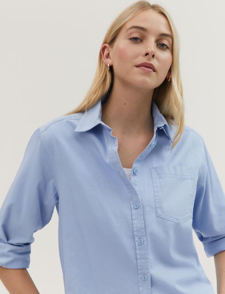 Kadın Mavi Saf Pamuklu Uzun Kollu Gömlek