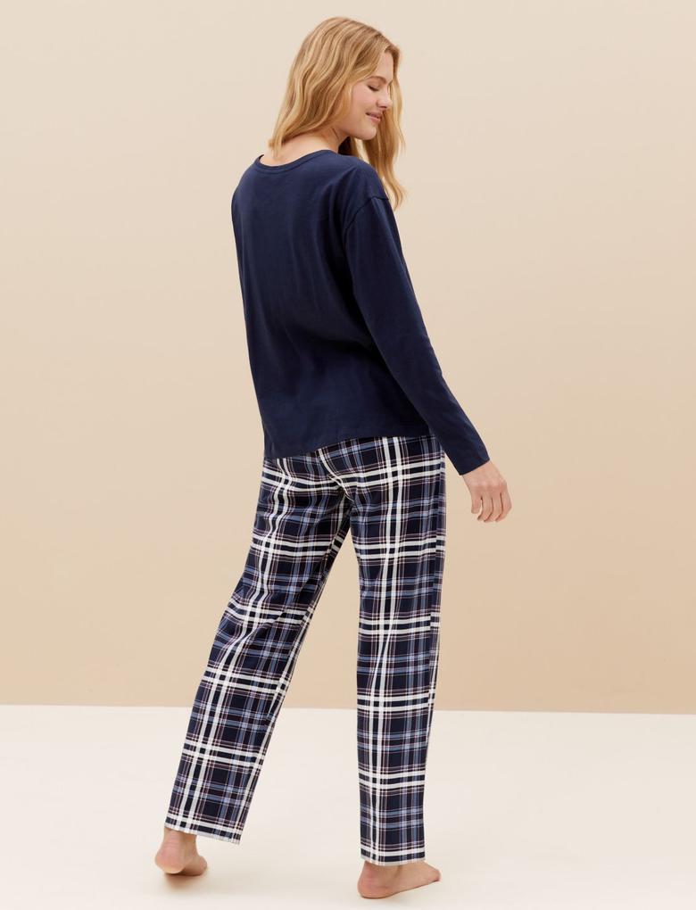 Kadın Lacivert Saf Pamuklu Uzun Kollu Pijama Takımı