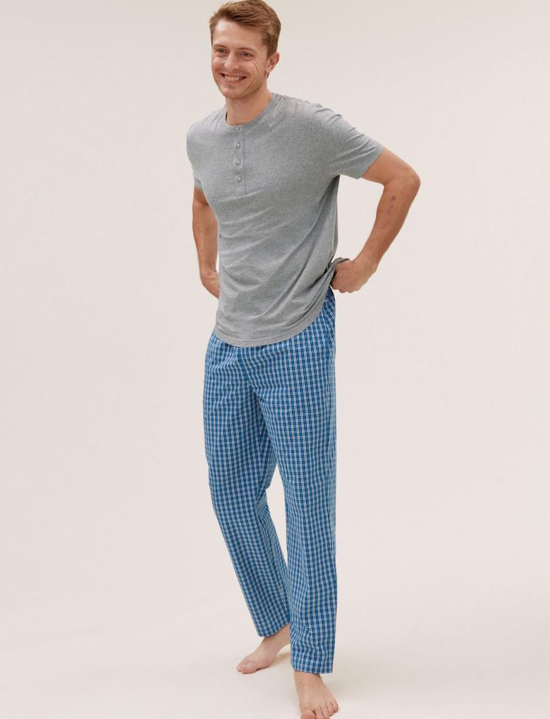 Erkek Mavi Kısa Kollu Pamuklu Pijama Takımı