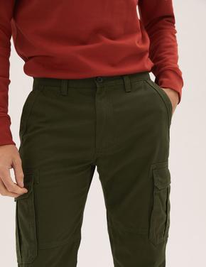 Erkek Yeşil Straight Fit Pamuklu Kargo Pantolon