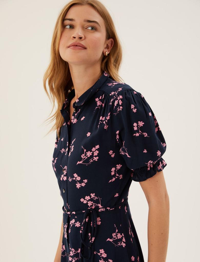 Kadın Lacivert Çiçek Desenli Mini Gömlek Elbise