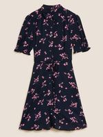 Kadın Lacivert Çiçek Desenli Mini Gömlek Elbise