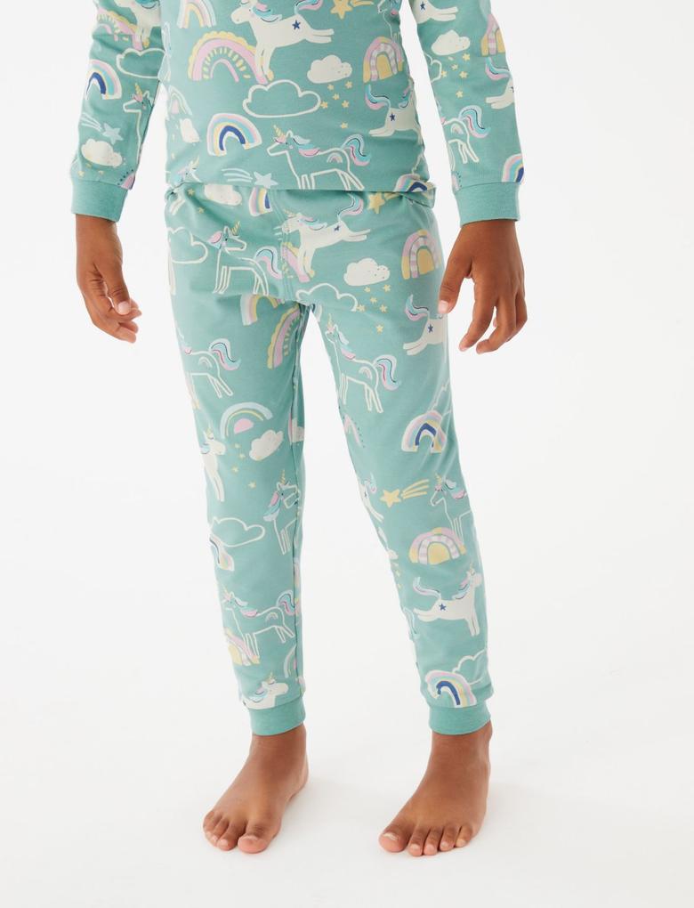 Çocuk Yeşil Unicorn Desenli Uzun Kollu Pijama Takımı (1-7 Yaş)