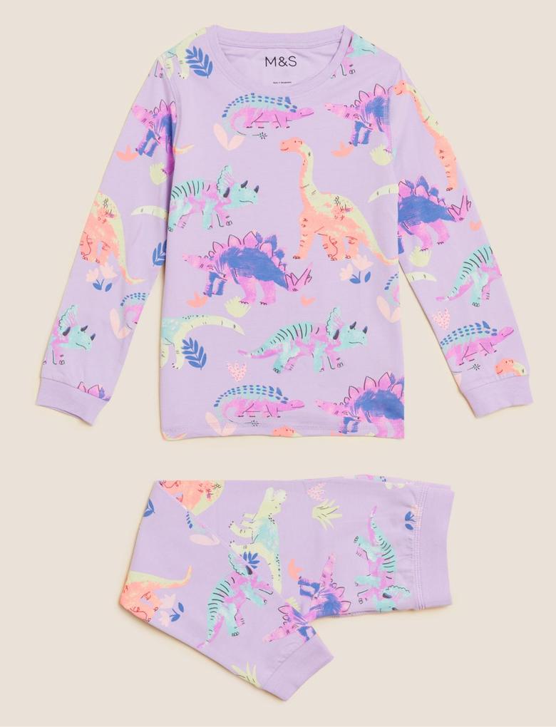 Çocuk Mor Dinozor Desenli Uzun Kollu Pijama Takımı (1-7 Yaş)