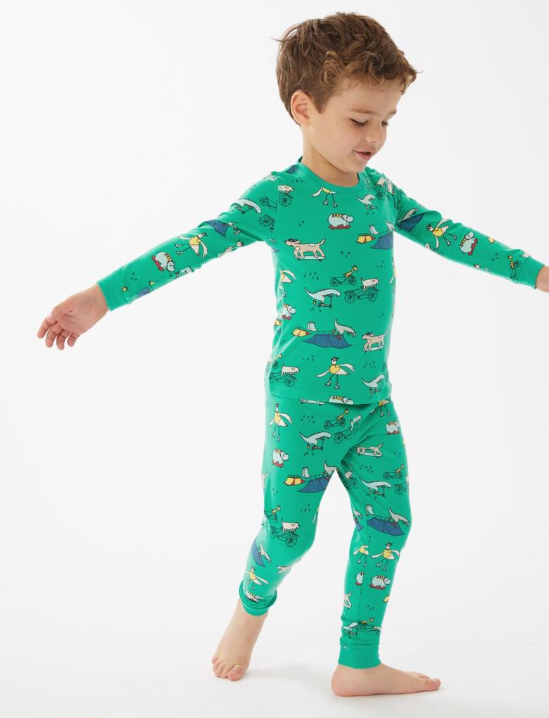 Çocuk Yeşil Hayvan Desenli Uzun Kollu Pijama Takımı (1-7 Yaş)
