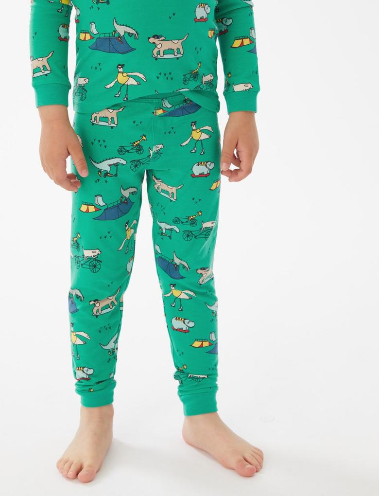Çocuk Yeşil Hayvan Desenli Uzun Kollu Pijama Takımı (1-7 Yaş)