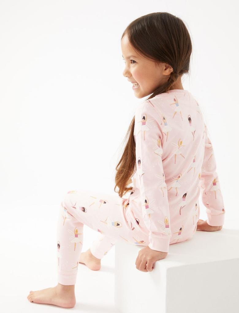 Çocuk Pembe Balerin Desenli Uzun Kollu Pijama Takımı (1-7 Yaş)