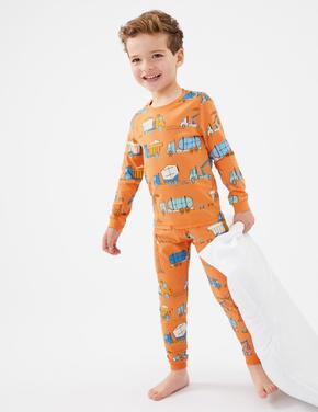 Çocuk Turuncu Kamyon Desenli Uzun Kollu Pijama Takımı (1-7 Yaş)