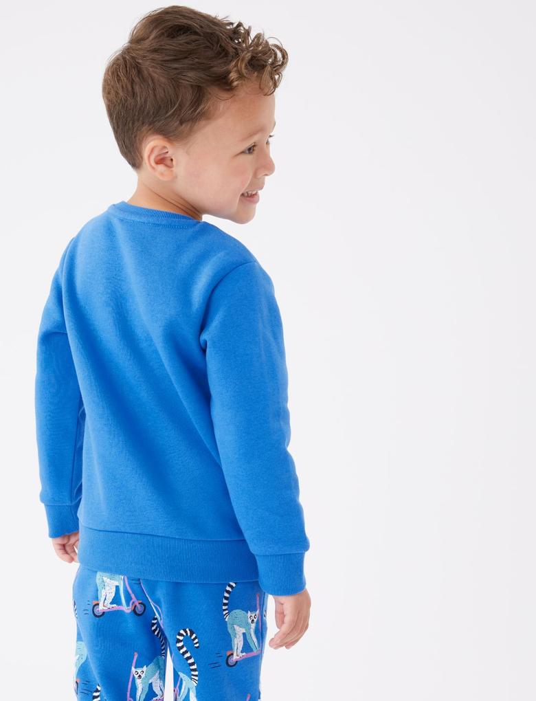 Erkek Çocuk Mavi Lemur Desenli Yuvarlak Yaka Sweatshirt (2-7 Yaş)