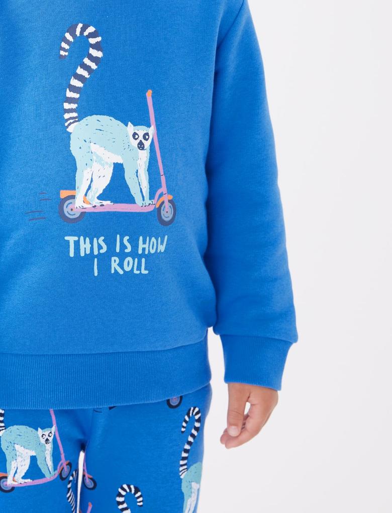 Erkek Çocuk Mavi Lemur Desenli Yuvarlak Yaka Sweatshirt (2-7 Yaş)