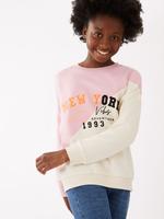 Kız Çocuk Pembe Renk Bloklu Yuvarlak Yaka Sweatshirt