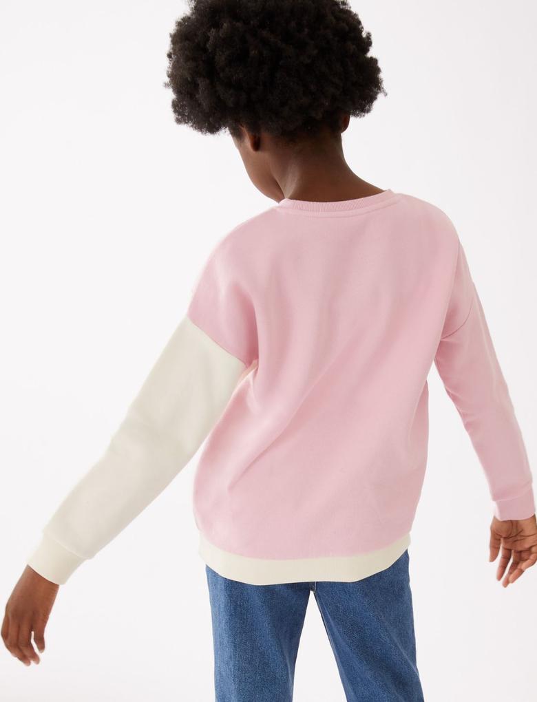 Kız Çocuk Pembe Renk Bloklu Yuvarlak Yaka Sweatshirt