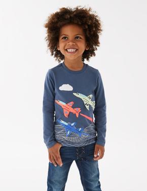 Erkek Çocuk Mavi Saf Pamuklu Uzun Kollu T-Shirt (2-7 Yaş)