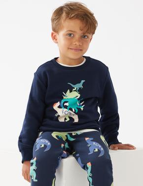 Erkek Çocuk Lacivert Dinozor Desenli Yuvarlak Yaka Sweatshirt (2-7 Yaş)