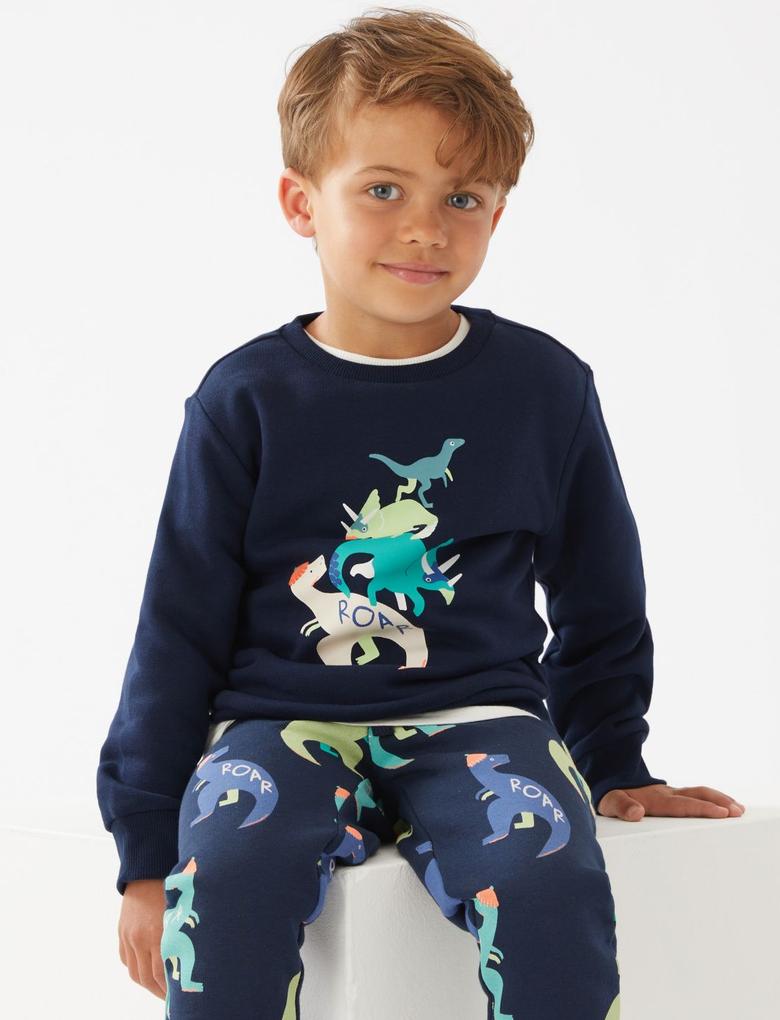 Erkek Çocuk Lacivert Dinozor Desenli Yuvarlak Yaka Sweatshirt (2-7 Yaş)