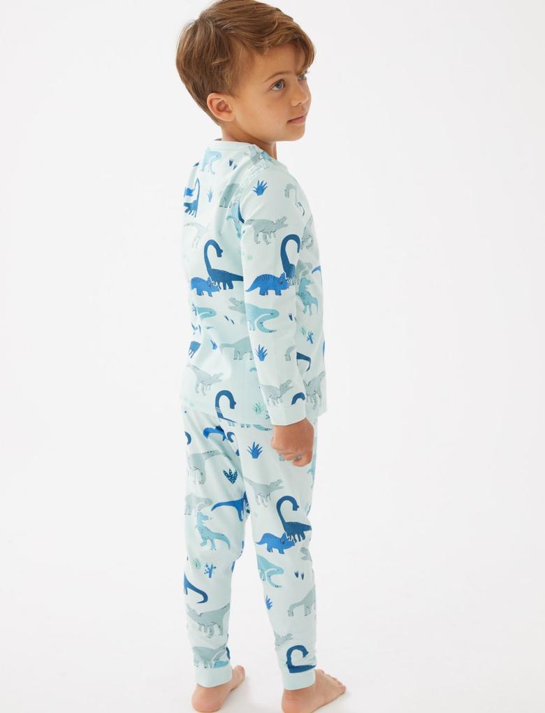 Çocuk Mavi Dinozor Desenli Uzun Kollu Pijama Takımı (1-7 Yaş)