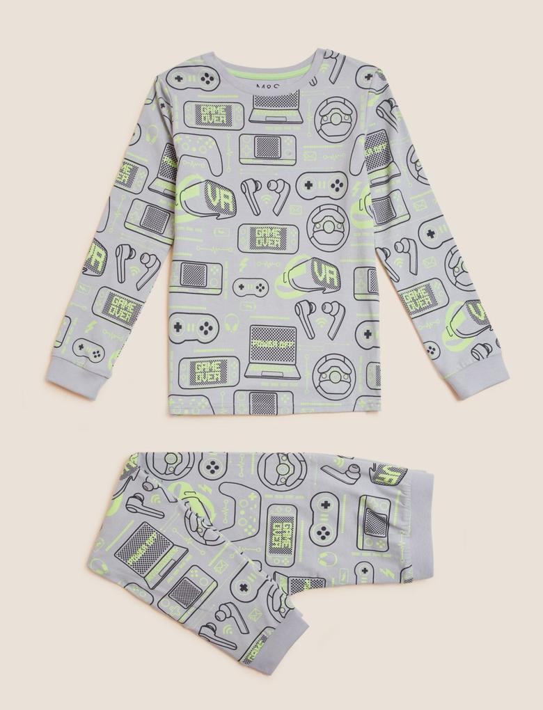 Çocuk Gri Oyun Desenli Uzun Kollu Pijama Takımı (7-16 Yaş)