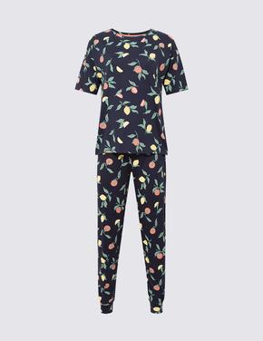 Kadın Lacivert Meyve Desenli Kısa Kollu Pijama Takımı
