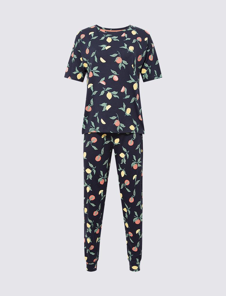Kadın Lacivert Meyve Desenli Kısa Kollu Pijama Takımı