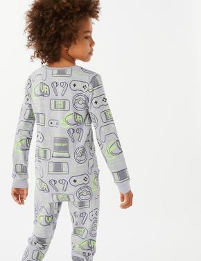 Çocuk Gri Oyun Desenli Uzun Kollu Pijama Takımı (7-16 Yaş)