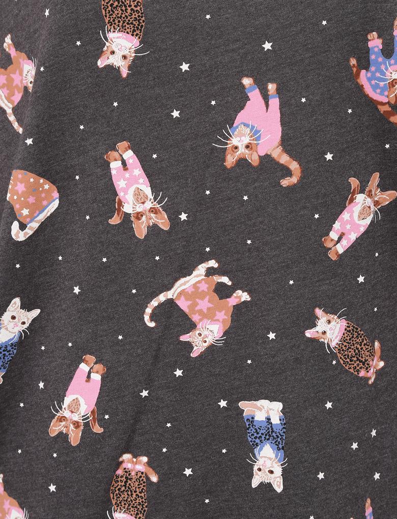 Kadın Gri Kedi Desenli Kısa Kollu Pijama Takımı