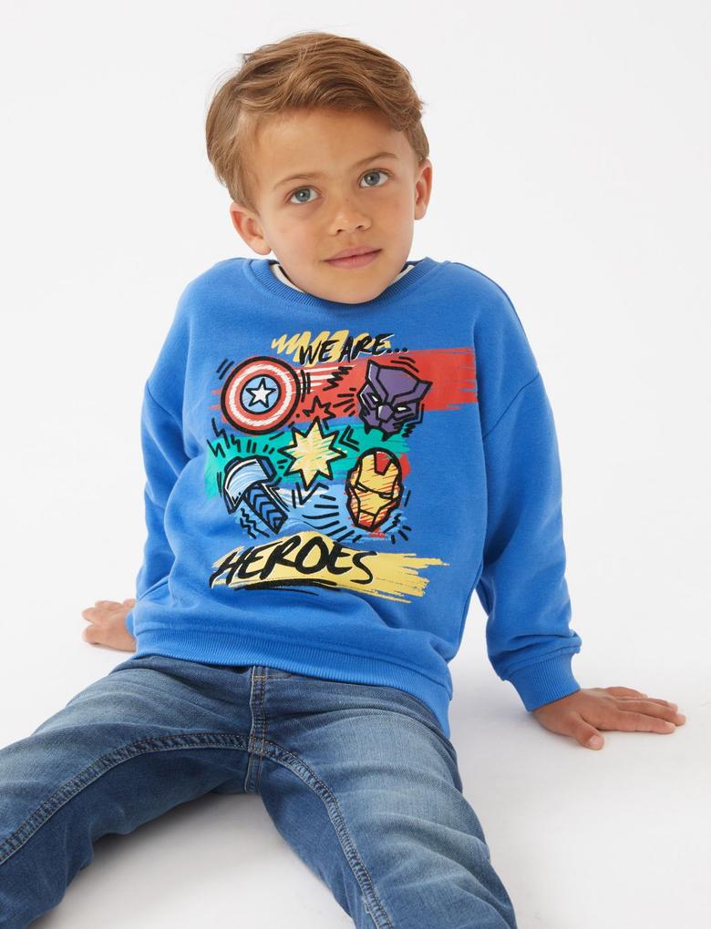 Erkek Çocuk Mavi Marvel™ Yuvarlak Yaka Sweatshirt (2-7 Yaş)