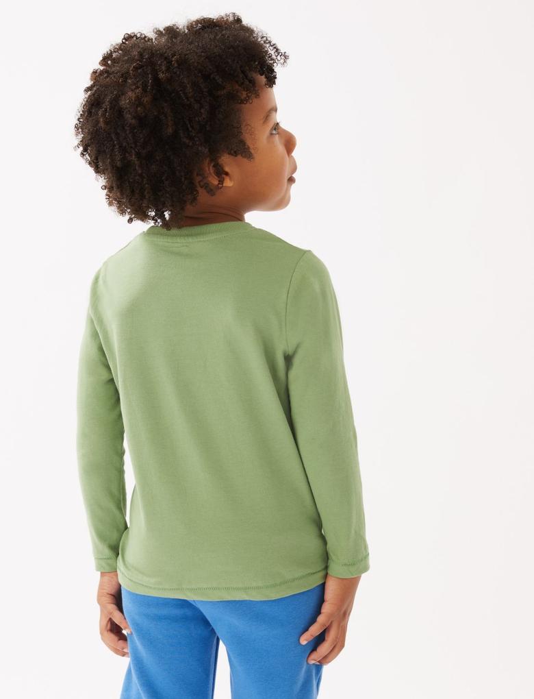 Erkek Çocuk Yeşil Saf Pamuklu Uzun Kollu T-Shirt (2-7 Yaş)