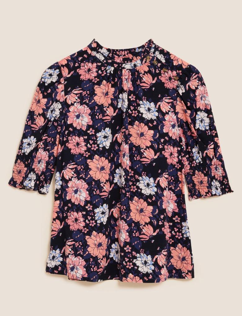 Kadın Pembe Kısa Kollu Çiçek Desenli Bluz