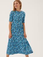 Kadın Mavi Leopar Desenli Midi Örme Elbise