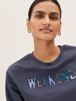 Kadın Gri Slogan Desenli Yuvarlak Yaka Sweatshirt