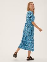 Kadın Mavi Leopar Desenli Midi Örme Elbise